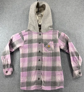 Carhartt Youth Girls Pink Purple Plaid Hooded Long Sleeve Flannel Shirt Small 5 - Picture 1 of 7