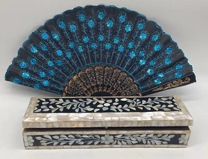 Caja de almacenamiento vintage madreperla caja ventilador de mano caja baratija joyería 12x3x2 - Imagen 1 de 16