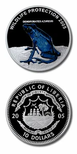 Liberia - Dendrobates Azureus - Blue Poison Frog - $10 - 2005 - Proof Silver Cro - Picture 1 of 1