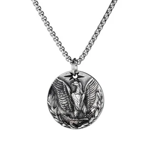 Mens Stainless Steel Silver Biker Patriotic American Eagle Pendant Necklace - Picture 1 of 6