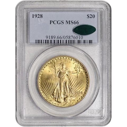 1928 US Gold $20 Saint-Gaudens Double Eagle - PCGS MS66 CAC Verified Cover