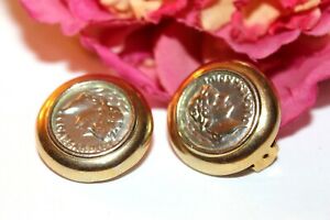 MASSIVE FRENCH COUTURE BYZANTINE ETRUSCAN COIN GOLD TONE EARRINGS E9