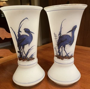 Hand Painted Vase Frosted Glass with Matched Pair Blue Herons 9-3/4” - Picture 1 of 8