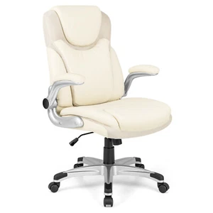 360° Swivel Task Chair PU Leather Executive Swivel w/ Flip-up Armrests Beige - Picture 1 of 8