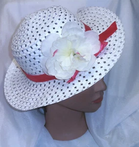 GIRLS TODDLER EASTER HAT DRESSUP TEAPARTY WHITE BRIGHT PINK FLOWER RIBBON NEW - Picture 1 of 1