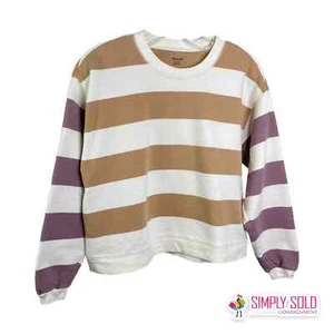 Madewell Women's (Re)sourced Cotton Swing Sweatshirt In Stripe Purple Tan Sz XS - Picture 1 of 8