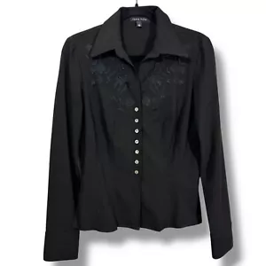 Vintage Tempo Paris Hemd schwarz bestickt Mikroknöpfe - Bild 1 von 13