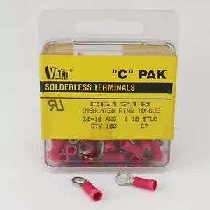 Pack 100 Klein Vaco C C61210 Insulated Ring Tongue Crimp 22-18 Awg #10 Stud - Picture 1 of 6