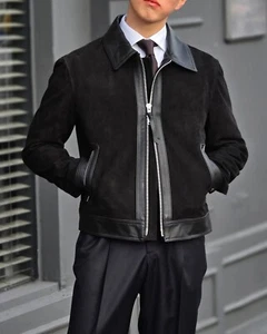 Herren Echt Schwarz Wildleder Jacke mit Schwarz Weich Lederbesatz Slim Fit Luxus 90er - Bild 1 von 12