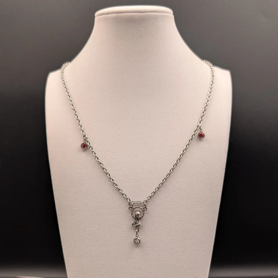Silver Tone Necklace w/ Red Crystal Accents & Dangling Bell Charm Holiday Cute - Image 1 of 4