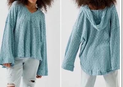 FREE PEOPLE Baja Babe Hacci Wide Sleeve Hoodie Knit Green Sweater Top Size XL - Image 1 of 4