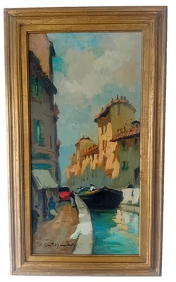Cirano Castelfranchi Öl Auf Tafel Alte Mailand Naviglio Ripa Ticinese 60x30 - Bild 1 von 4