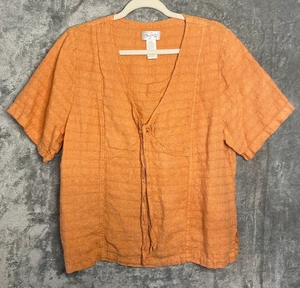 Mosaik Leinen Pullover Oberteil Damen groß weich orange vorne zum Binden Lagenlook hergestellt in den USA - Bild 1 von 5