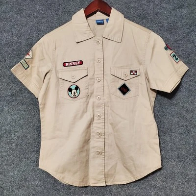VTG Disney Mickey Khaki Shirt Boys M 90s Kids Boy Scout Patch Style Embroidered - Image 1 of 4