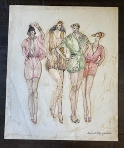 Vintage Original Hand Colored Women's Fashion Drawing Sketch Design Cut Outs - Picture 1 of 9