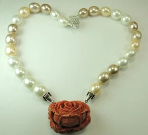 Coral Rose & Shell Pearl Necklace Statement Handcrafted Wedding Sterling Silver - Picture 1 of 2