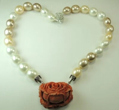 Coral Rose & Shell Pearl Necklace Statement Handcrafted Wedding Sterling Silver - Image 1 of 2