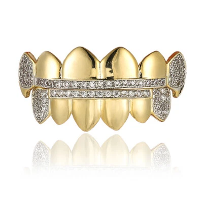 14K Gold Plated Hip Hop CZ Teeth Grillz Top Bottom Mouth Grill Set Custom - Image 1 of 4