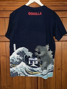 NWT XL Godzilla Ukiyoe Japan T-Shirt Hokusai Traditional Wagare Navy Ltd Rare - Picture 1 of 9