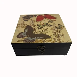 Floral Butterfly Wooden Storage Box VTG Inspired Metal Latch Vanity Keepsake - Picture 1 of 18