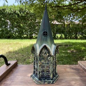 Glass and Metal Architectural Candle Lantern Green Patina Fairy Garden Decor