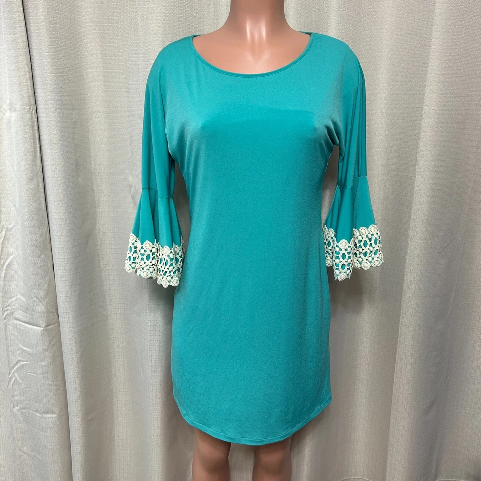 Judith March Bell Sleeve Pullover Mini Dress Women's Sz Large Teal Crochet Trim - Image 1 of 4