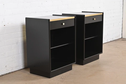 Harvey Probber Black Lacquered Mahogany and Brass Nightstands, Newly Refinished Cover