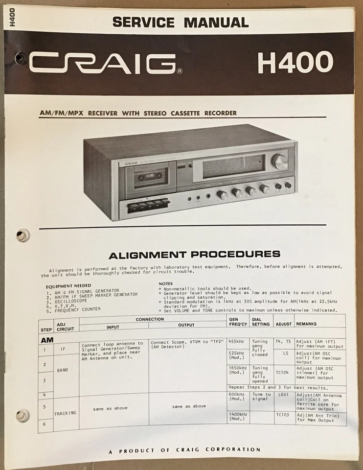 Manual de servicio estéreo Craig modelo H400 *original* Foto 1 de 1