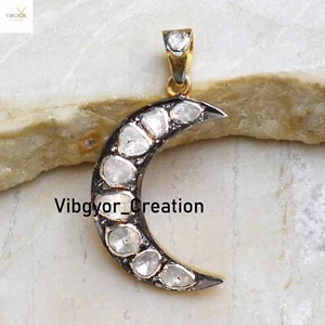 Natural Polki Diamond Half Moon Pendant Gold Vermeil 925 Silver 16" Link Chain - Picture 1 of 3