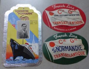 Baromètre souvenir Voyage Paquebot Normandie et 2 étiquettes