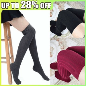 Women Ladies Thigh High Long Socks Stockings Cotton Over the Knee Knit Striped - Picture 1 of 22