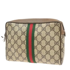 GUCCI Logo GG Pattern Sherry Clutch Hand Bag PVC Leather Brown Italy 09EF212 - Picture 1 of 15