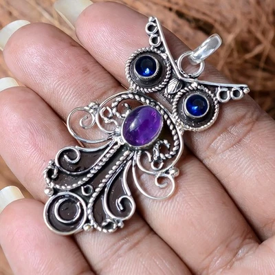 Ciondolo gufo fatto a mano in argento sterling 925 con pietre preziose di... - Immagine 1 di 4