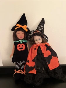2 Vintage Halloween Puppen Porzellan Hexenkostüm Hut Kürbis Herbst Halloween Deko 8 Zoll - Bild 1 von 16