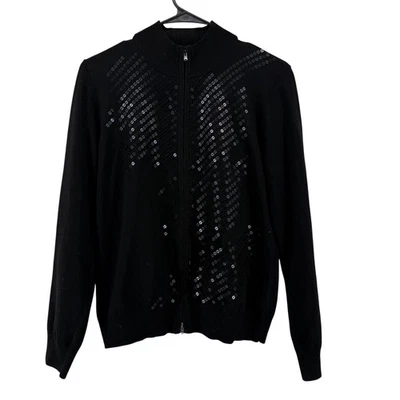 Chaqueta Suéter ST JOHN Negra Lentejuelas Cremallera Cuello Simulado Para Mujer Mediana Noche Foto 1 de 4