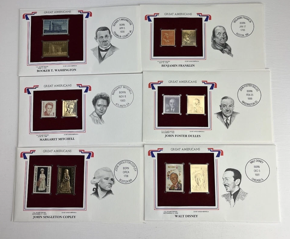 Lot Of 6  Great Americans Stamp & 22kt Gold Replica- Franklin, Disney & 4 More - Image 1 of 4