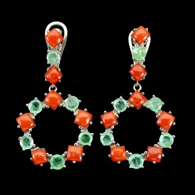 925 Sterling Silver Round Emerald Coral 4mm Natural Gemstone Jewelry Earrings - Image 1 of 4