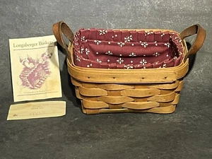 LONGABERGER 1995 Small BASKET Cloth Insert LEATHER HANDLES 7x5x4 NICE! - Picture 1 of 12