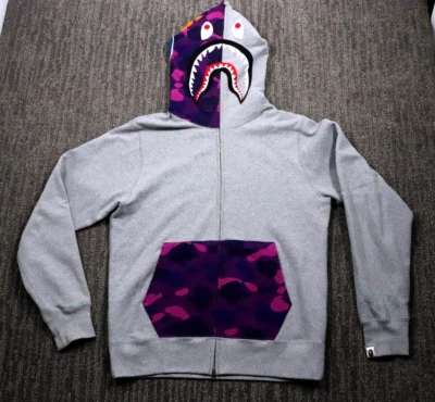 A Bathing Ape BAPE  Purple camo Grey Shark Hoodie Shark Full Zip hoodie Large - Image 1 of 4
