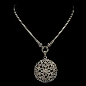 Silver Necklace Marcasite Encrusted Genuine Gems Solid Sterling 25 Inch Chain - Picture 1 of 24