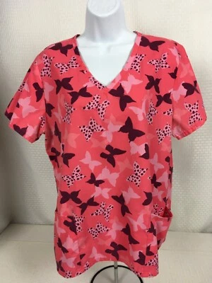 Scrubs Women Scrub Top Size M Pink with Butterflies V neck Short Sleeves Pockets - Image 1 of 4