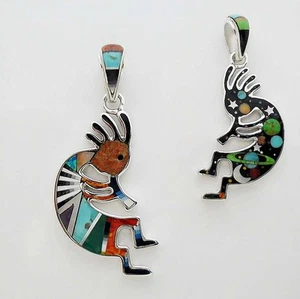 ADMIRABLE HANDMADE TURQUOISE/MULTICOLOR INLAY IN .925 SILVER KOKOPELLI PENDANT - Picture 1 of 3