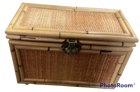 Vintage McGuire Style Rattan Bamboo Trunk  1970’s Brass Handles Cover