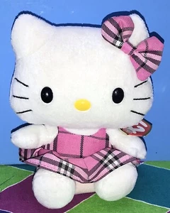 "HELLO KITTY, TY 6 1/2"" FELPA, VESTIDO Y LAZO A CUADROS ROSA, CON ETIQUETA OSCILANTE, 2009! - Imagen 1 de 15