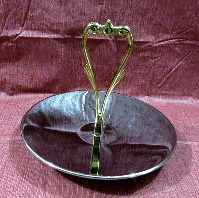 Vintage 1980's Kromex USA Small 8-1/2" dia Round Tidbit Tray w Brass Handle - Image 1 of 3