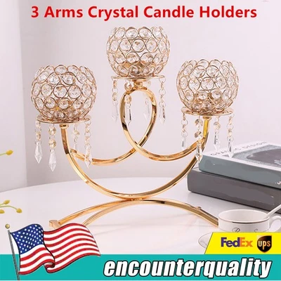 3 Arms Crystal Candle Holder Gold Table Centerpieces for Dining Room Table - Image 1 of 4