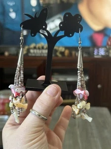 925 Clamshell Heishi & Mother Of Pearl Bird Bead Fetish 4”Dangle / Drop Earrings - Picture 1 of 6