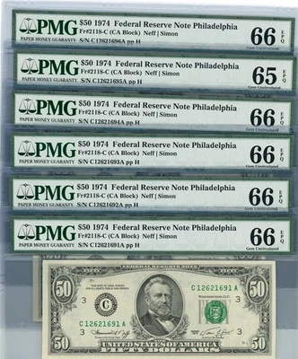 Fr. 2118-C $50 1974 Federal Reserve Note 6 Consecutive 65-66 EPQ PMG DC-2656 - Image 1 of 3