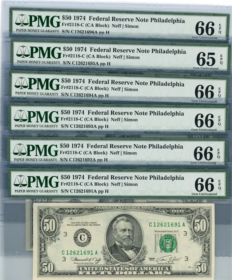 Fr. 2118-C $50 1974 Federal Reserve Note 6 Consecutive 65-66 EPQ PMG DC-2656 - Image 1 of 3