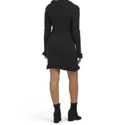 VERTIGO Cowl Neck Pleated Skirt Waist Tie Ribbed Knit Mini Dress Size M Black - Image 1 of 4